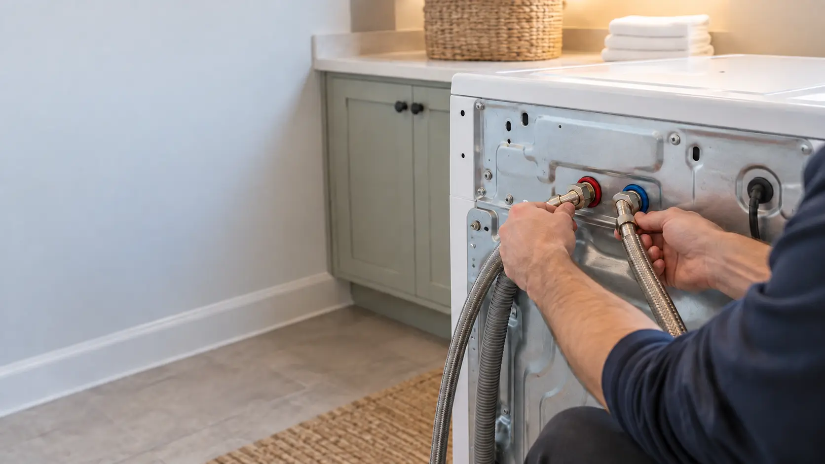 Hot and cold braided fill hoses connect to the back of a washer pulled away from the wall in a US home laundry room.