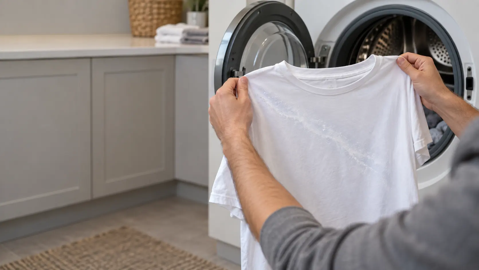 A white T-shirt held up in front of an open front-load washer in a US home laundry room, a faint streak of detergent residue across the fabric.