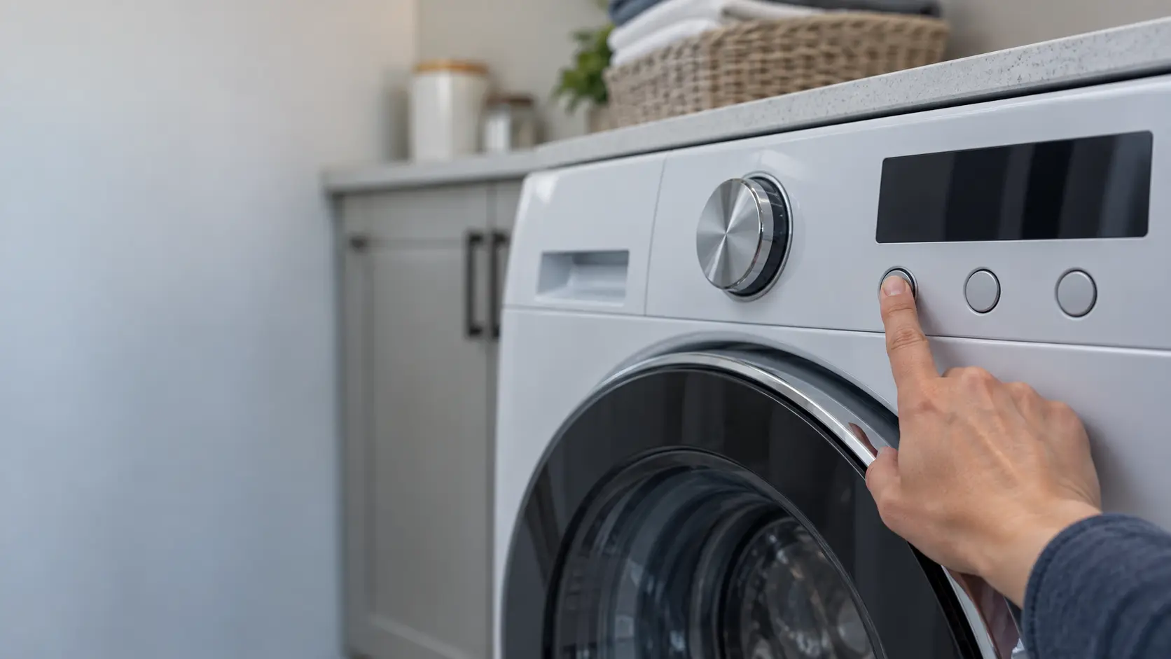 A close view of a front-load washer's control dial and touch buttons in a US home laundry room, the display dark and blurred, a finger pressing a button.