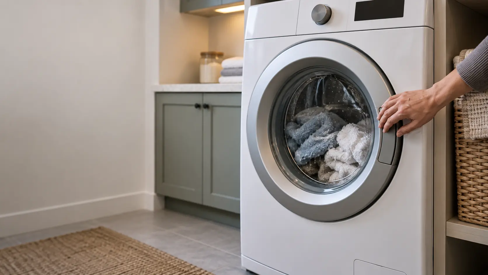 A front-load washer in a US home laundry room with its round glass door closed on a load of wet towels, a hand resting on the door handle.