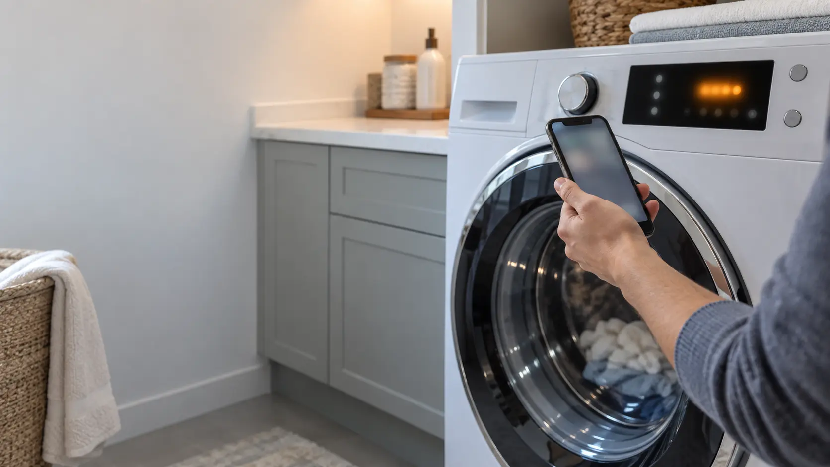 A front-load washer's display panel in a US home laundry room showing a blurred, unreadable glowing code, a hand holding a phone near it as if to look it up.