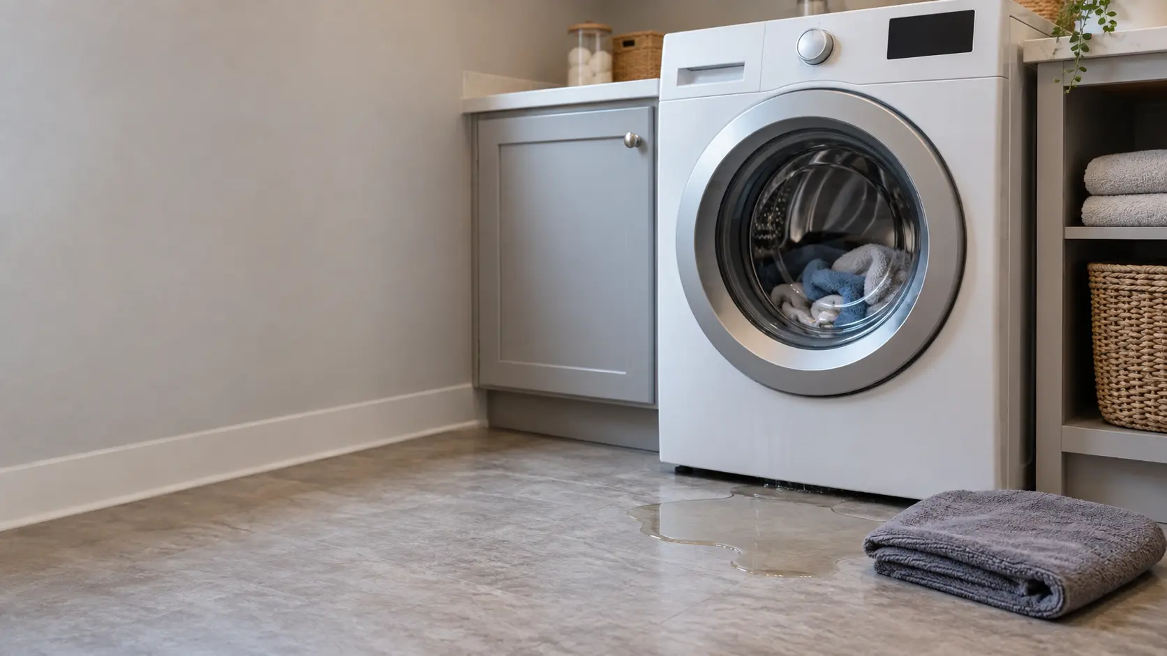 A white front-load washer in a US home laundry room with a small puddle spreading on the vinyl floor beneath its door, a folded towel laid beside it.