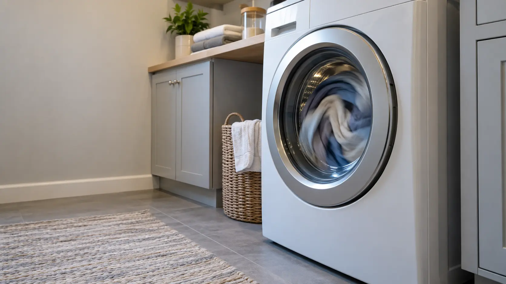 A front-load washer in a US home laundry room seen from low and to the side during a spin, the drum and laundry softly blurred with motion behind the glass door.