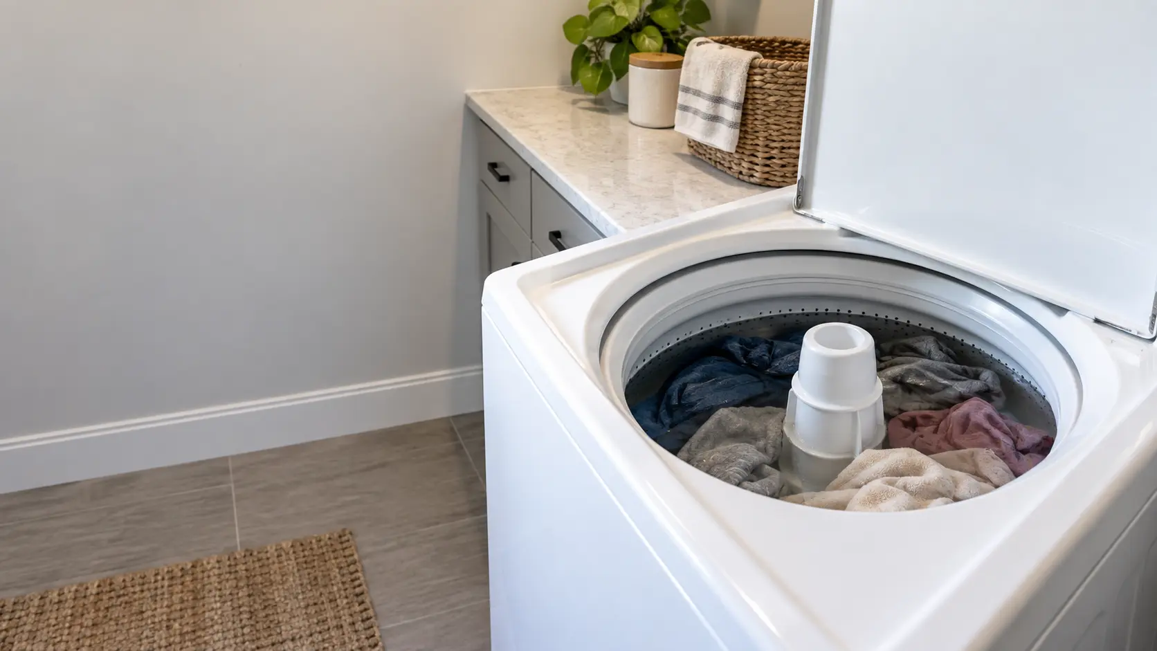 A top-load washer with an agitator in a US home laundry room, the lid open and clothes sitting still in water around the central post.