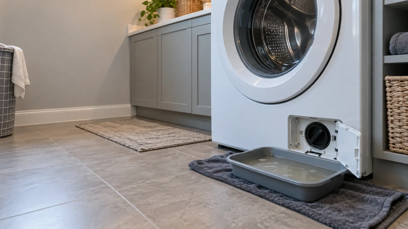A front-load washer in a US home laundry room with its small lower filter door open and a shallow pan and towel on the floor beneath it, cloudy water in the pan.