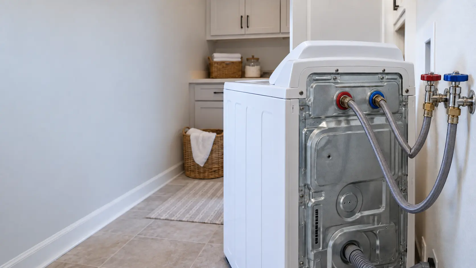 The back of a white washer pulled out from the wall in a US home laundry room, two fill hoses running to a pair of hot and cold supply valves, one hose visibly kinked.