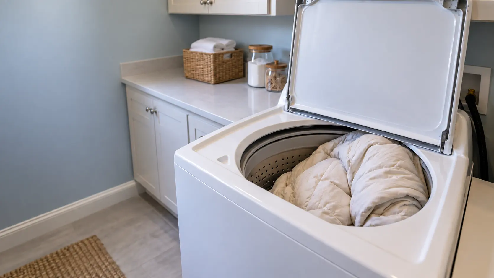 A top-load washer in a US home laundry room with its lid open and a heavy damp comforter bunched to one side of the drum.