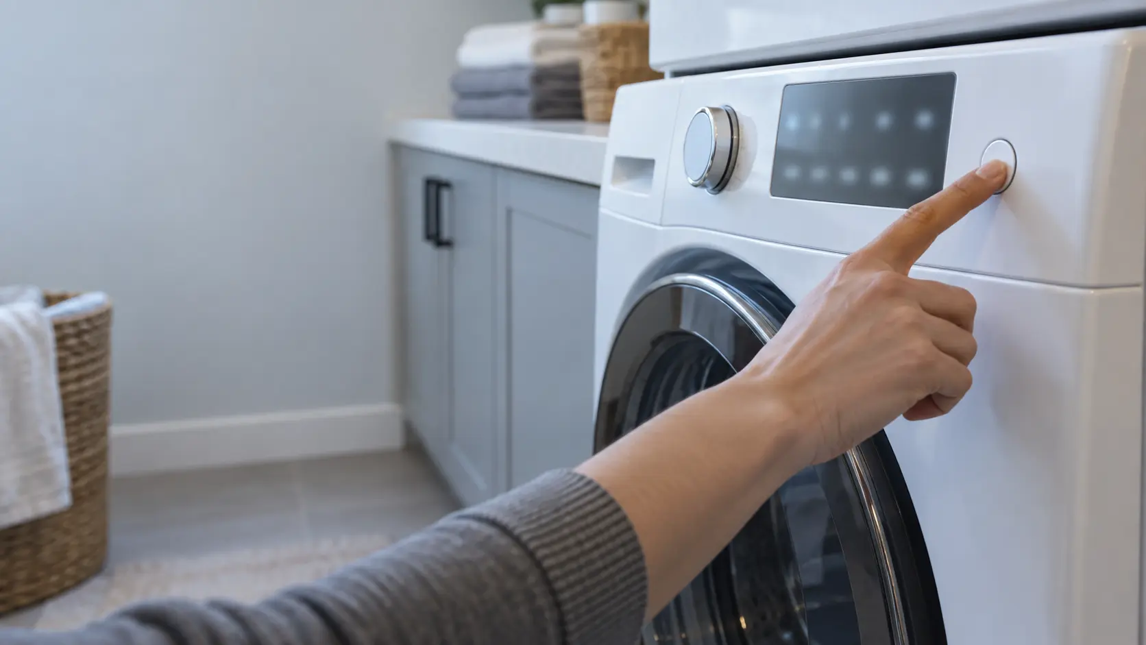 A close view of a white front-load washer's control panel in a US home laundry room, a finger about to press the start button, the display softly lit and blurred.