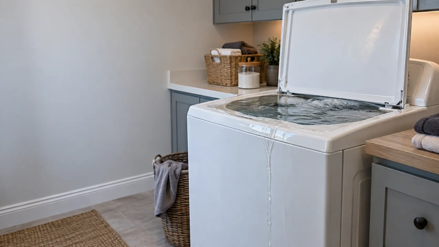 A top-load washer in a US home laundry room with its lid open and water brimming at the rim of the tub, a thin trickle running down the side of the cabinet.