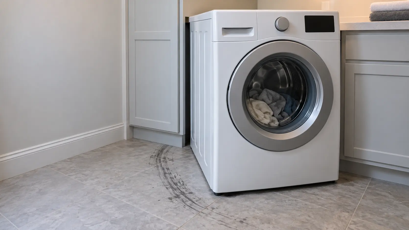 A front-load washer in a US home laundry room shifted a few inches out of line with its neighboring cabinet, a scuff mark on the floor showing where it walked.