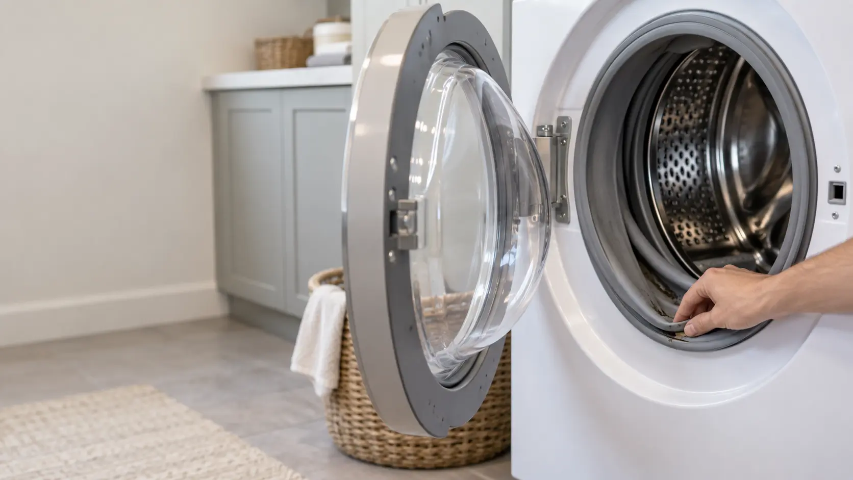 A front-load washer in a US home laundry room with its door propped open and a hand pulling back the gray rubber door boot to reveal the fold beneath.