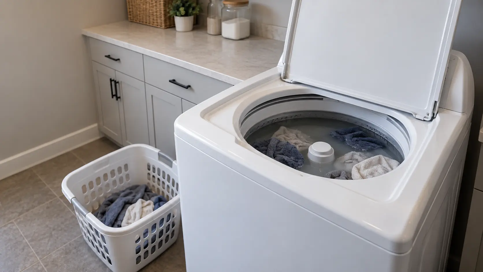 A top-load washer in a US home laundry room with its lid open mid-cycle, laundry sitting still in gray water, a laundry basket on the floor beside it.