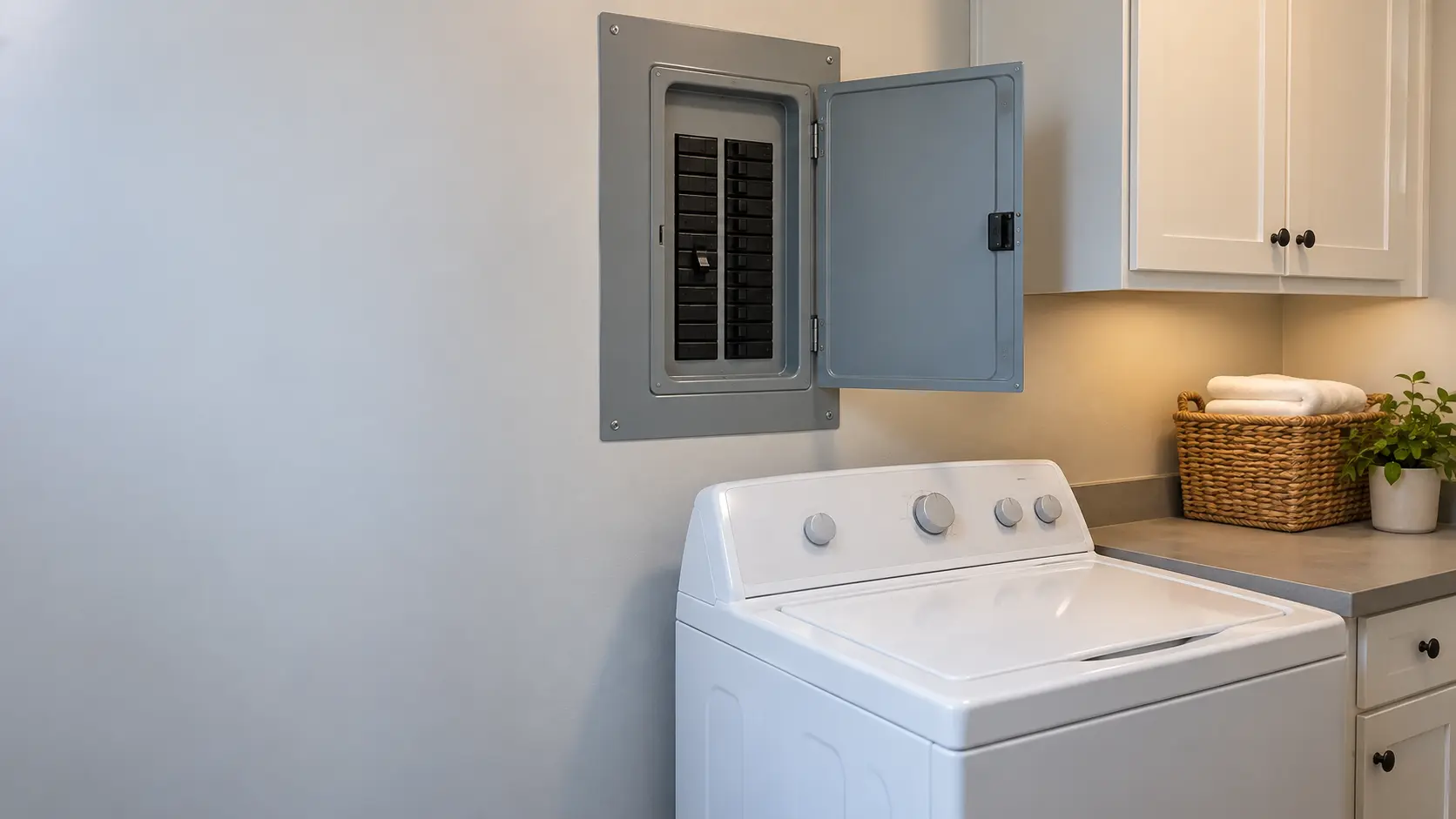 A gray electrical panel on a laundry room wall in a US home with one breaker switched to the off position, a white top-load washer visible below and to the side.
