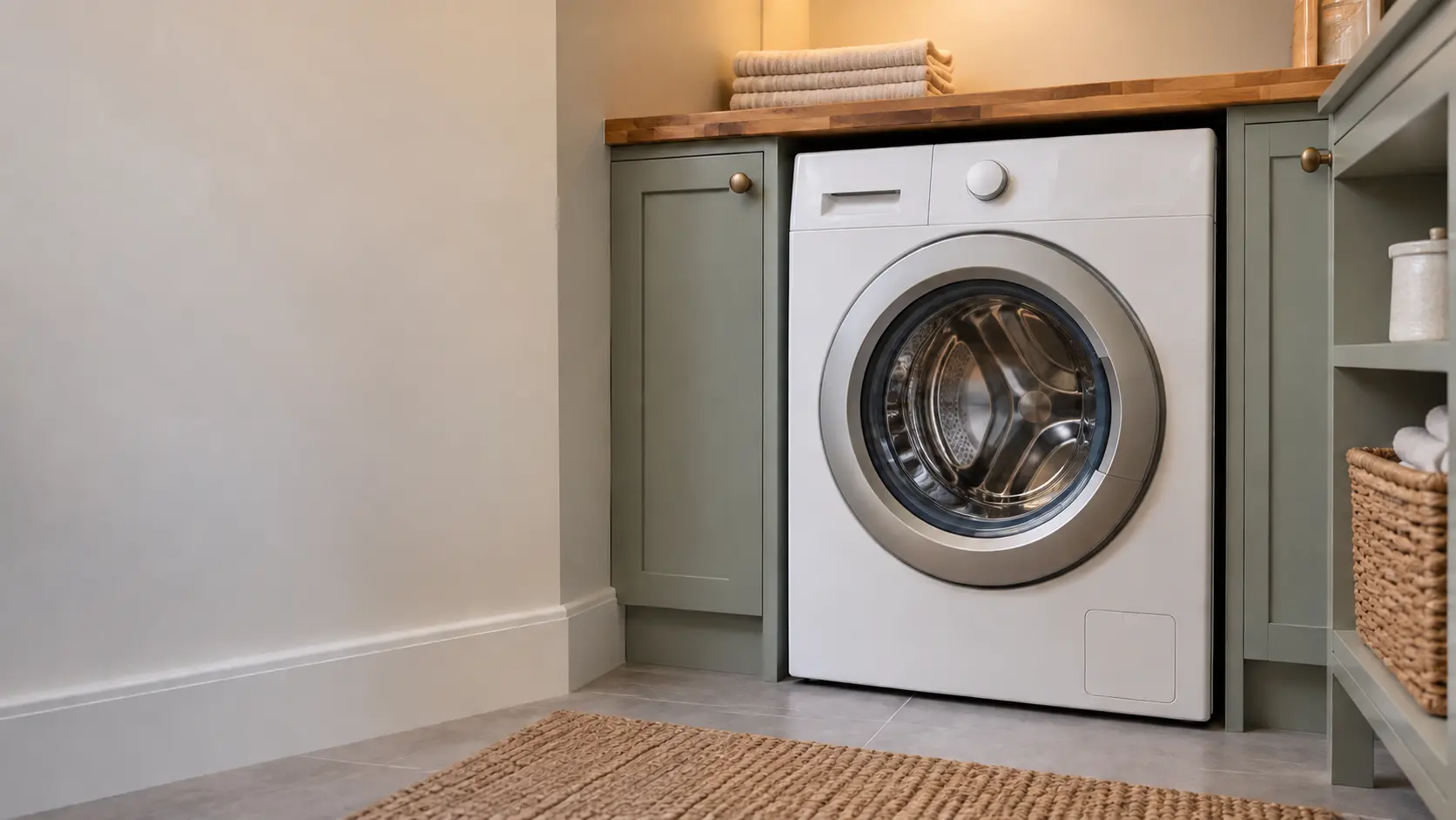 A 24-inch compact front-load washer sits under a butcher-block counter in a small US apartment laundry nook.