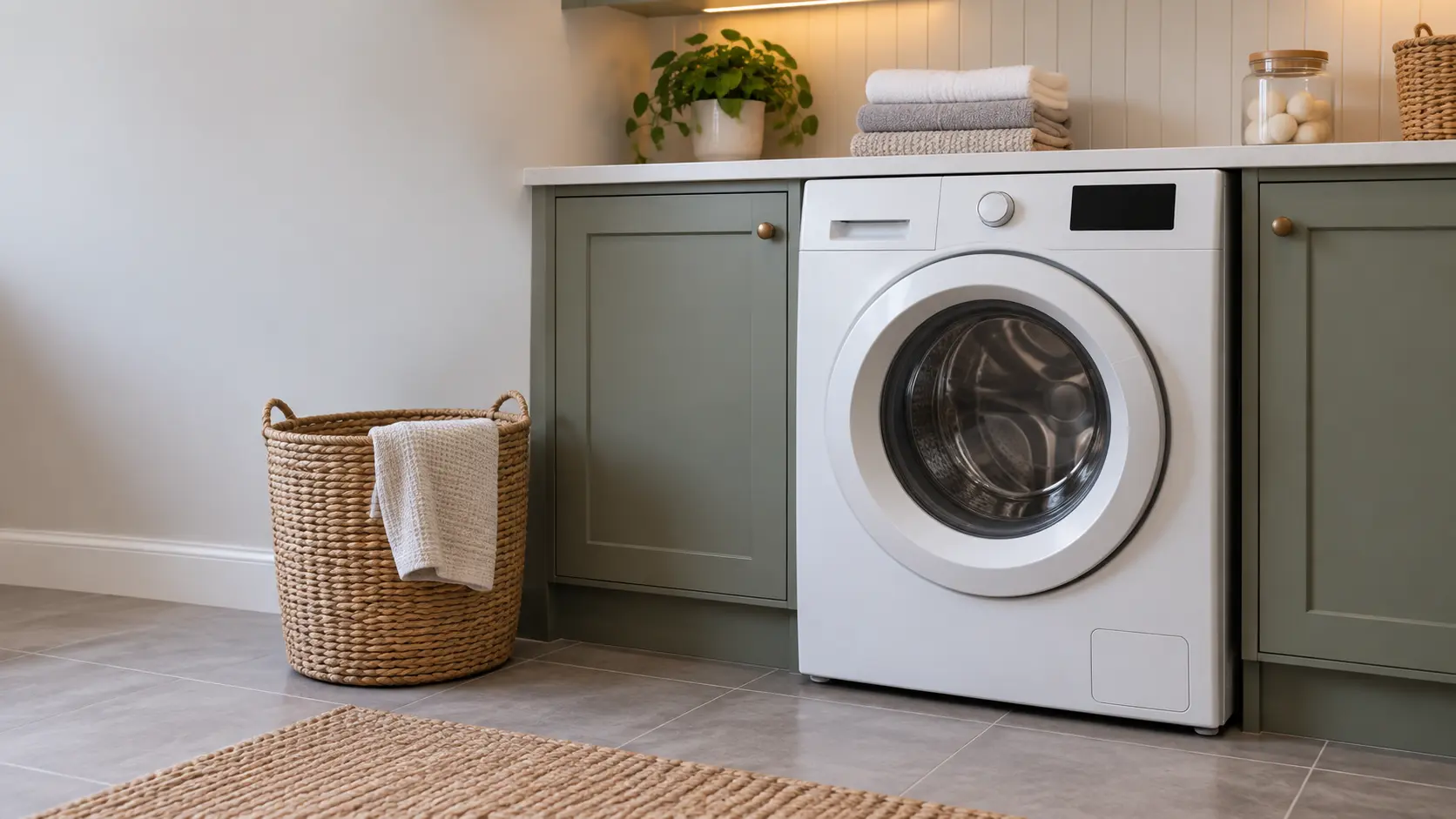 A white front-load washer with a round glass door stands on a tiled floor in a US home laundry room.