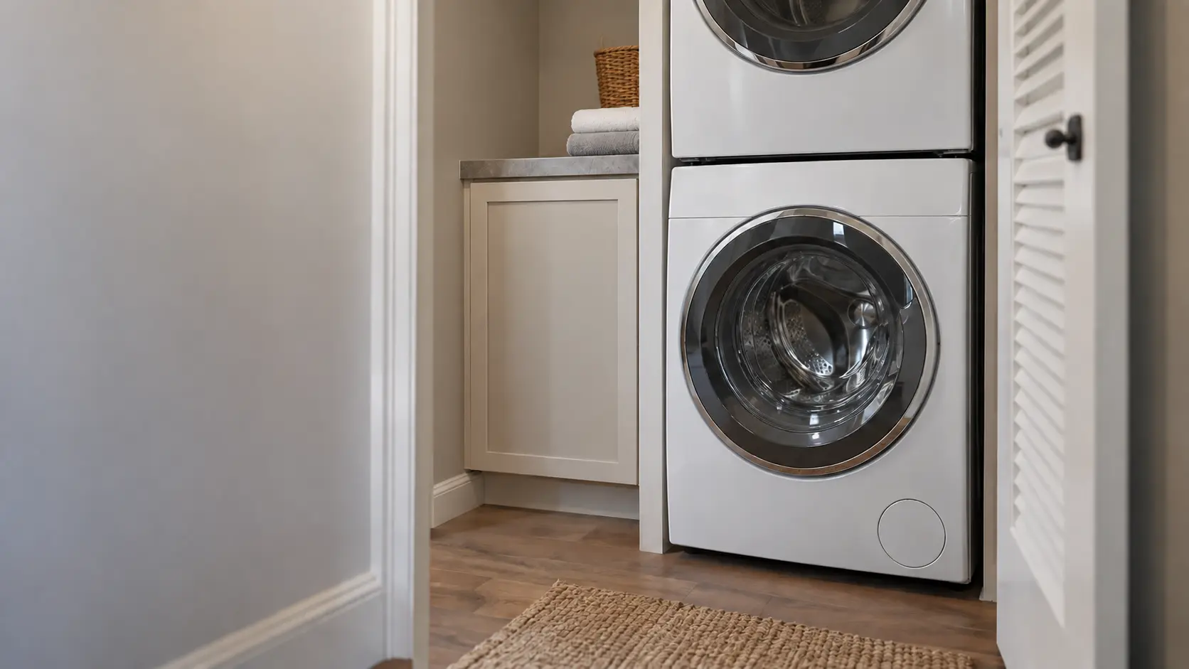A stacked front-load washer and dryer stand in a narrow hallway laundry closet in a US condo.