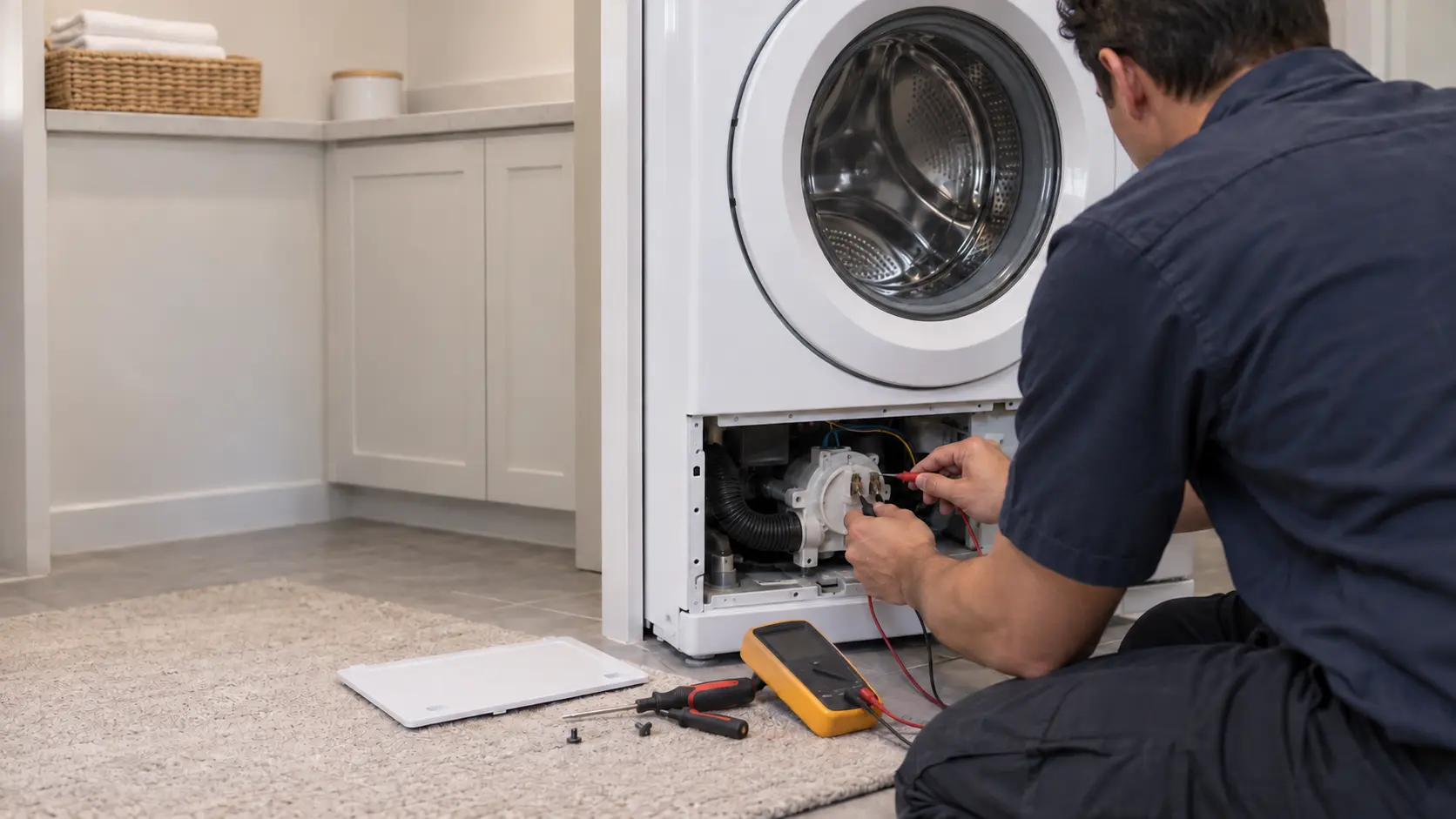 A repair technician in a plain navy work shirt kneeling beside an opened washer, holding multimeter probes to the drain pump terminals, face turned away.