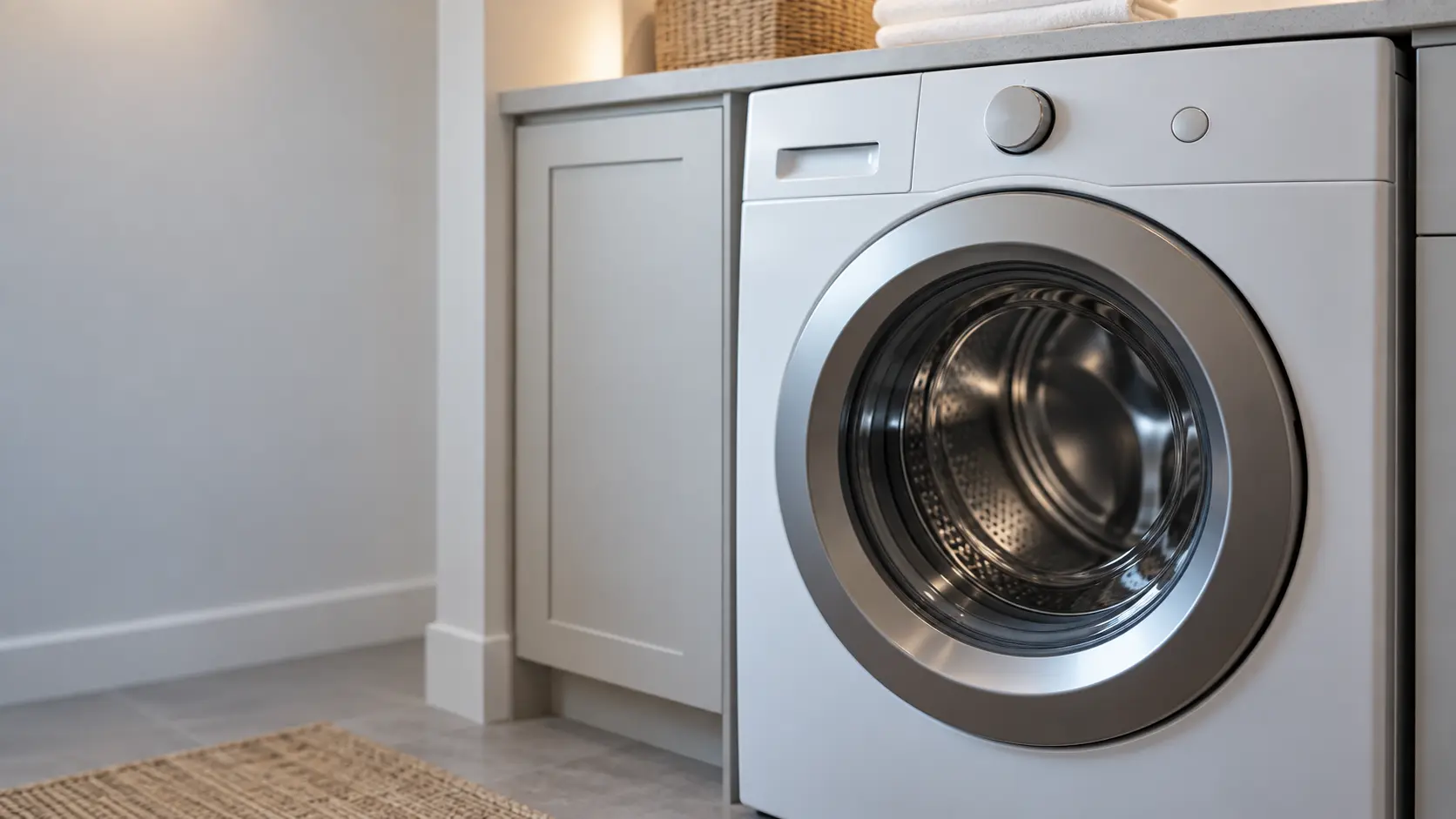 The control panel and door of a front-load washer filling the frame, soft light.