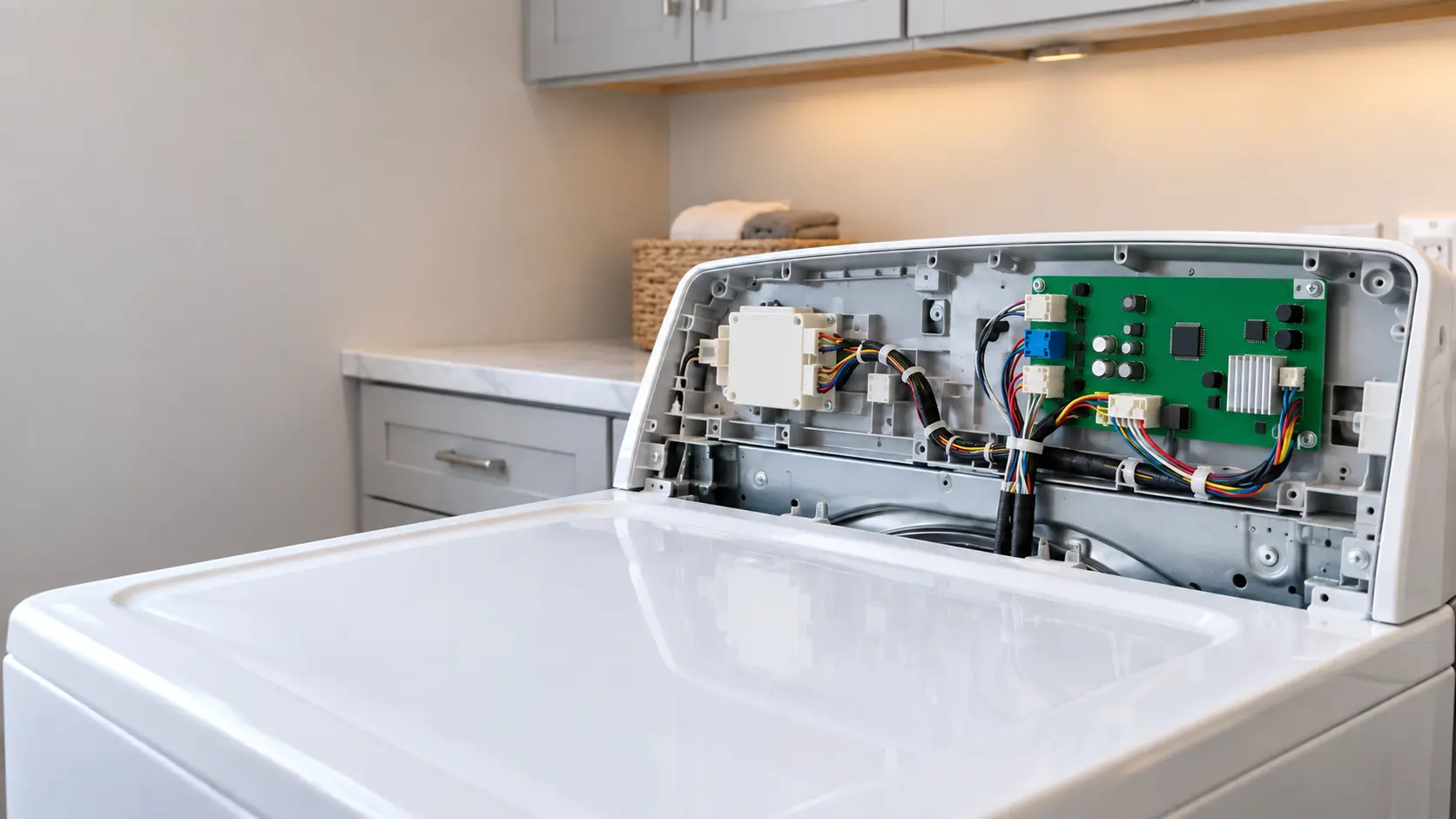 The back of a washer's control console with the cover removed, a control board and a bundle of wires leading down into the cabinet, dry and clean.