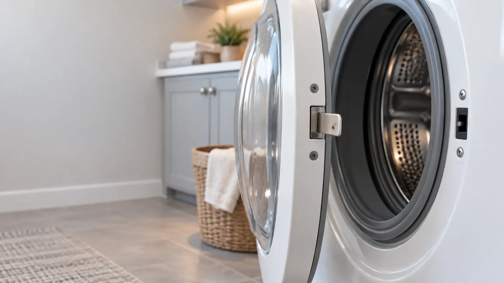 The door latch hook of a front-load washer and the lock opening in the rubber-lined frame beside it, seen close with the door half open.