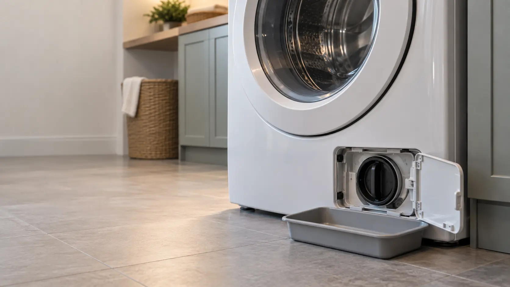 The lower front access panel of a front-load washer opened, the round drain pump filter cap exposed and a shallow tray set on the floor beneath it.