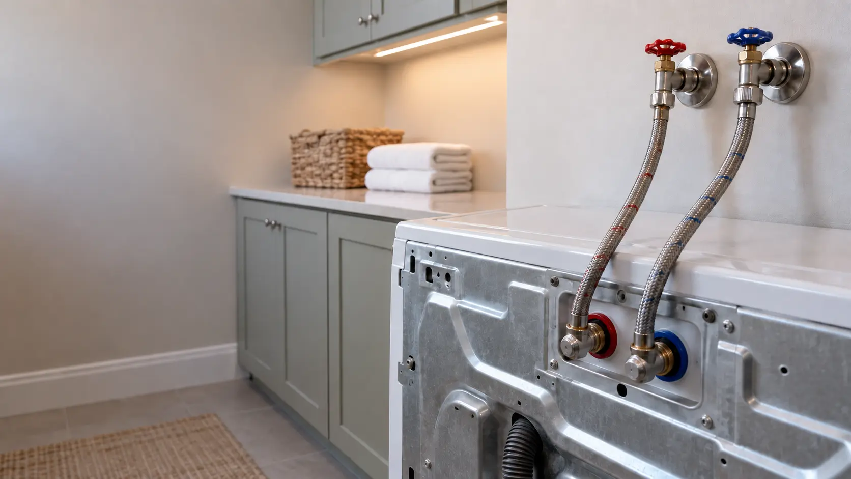 The back of a washer where two braided fill hoses screw onto the inlet valve ports, the hot and cold supply valves on the wall above them.