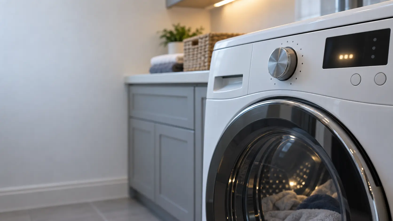 The control panel of a clothes washer seen close, a small lit display with no readable characters and the cycle selector soft beside it.