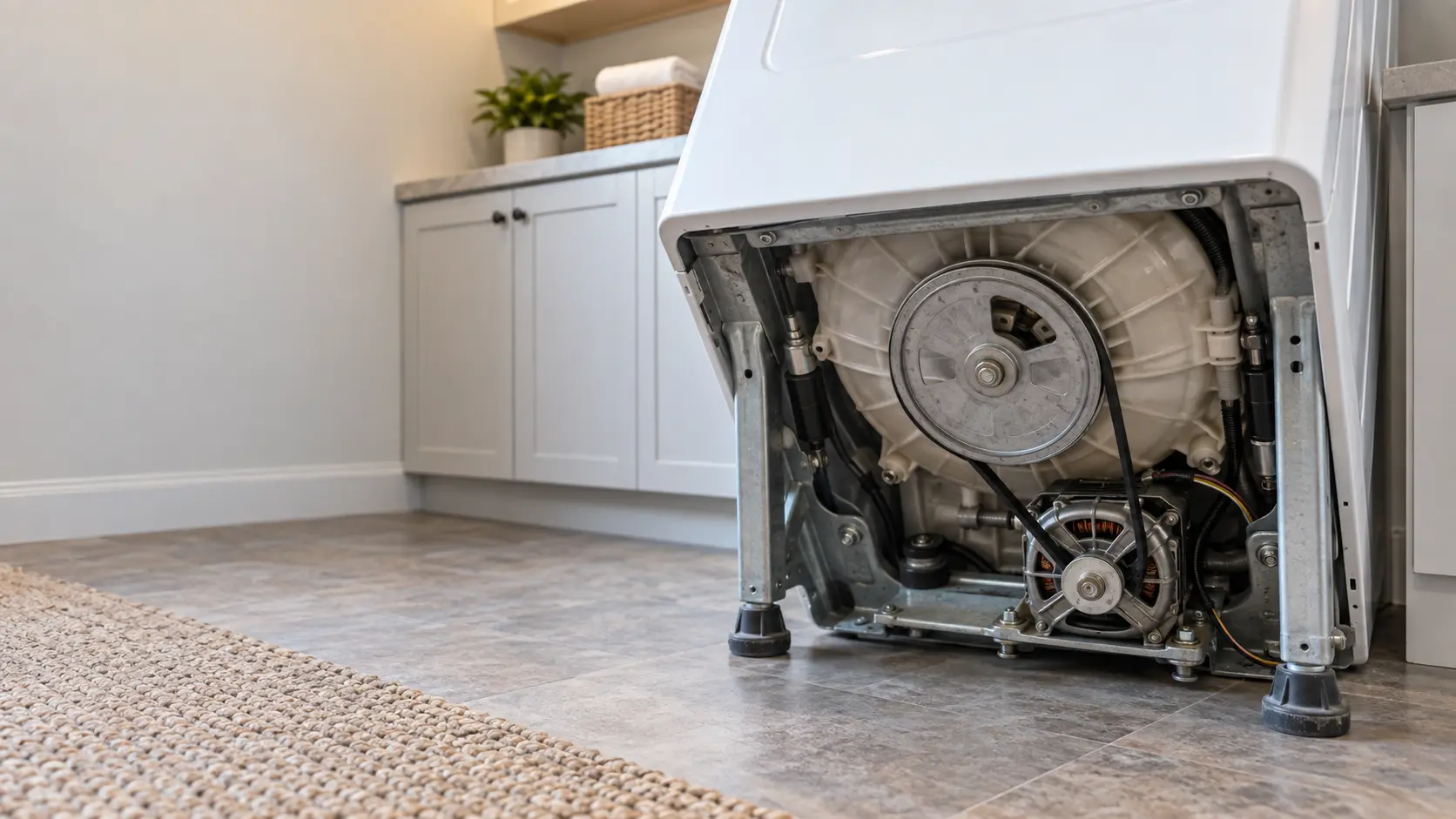 The underside of a top-load washer tipped back against a wall, the drive motor and the belt around the pulley visible between the legs.