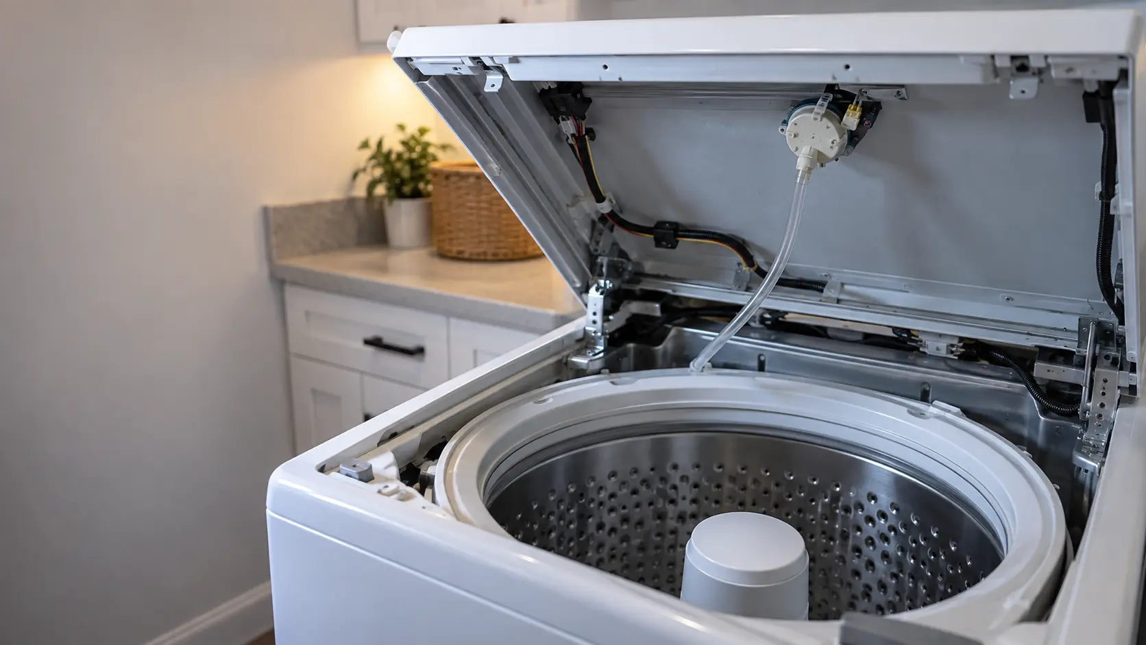 Inside the top of a washer cabinet with the panel lifted, a thin clear air hose running from the tub up to a small round water level sensor.