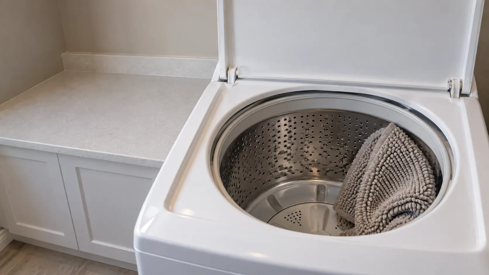 A single heavy bath mat bunched against one side of an open top-load washer tub, the rest of the drum empty around it.