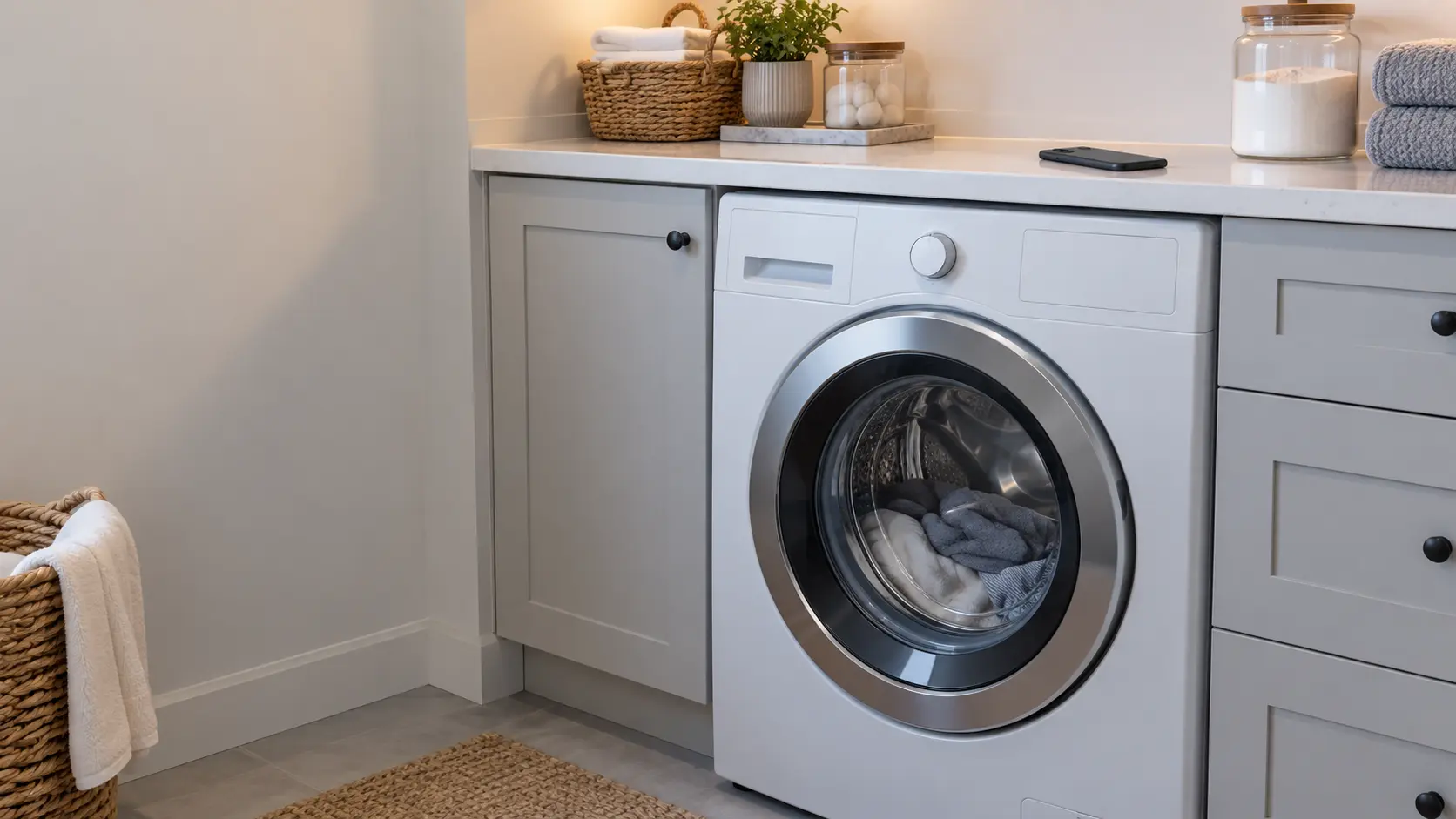 A laundry counter with a phone lying face down above a closed front-load washer, soft daylight.