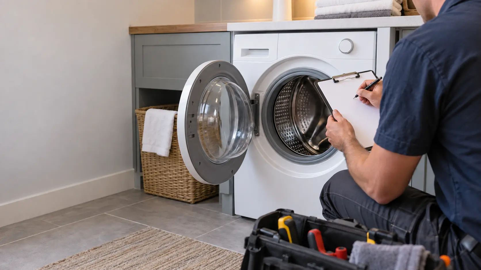 A technician writing on a blank clipboard beside an opened washer, the page empty of any writing.