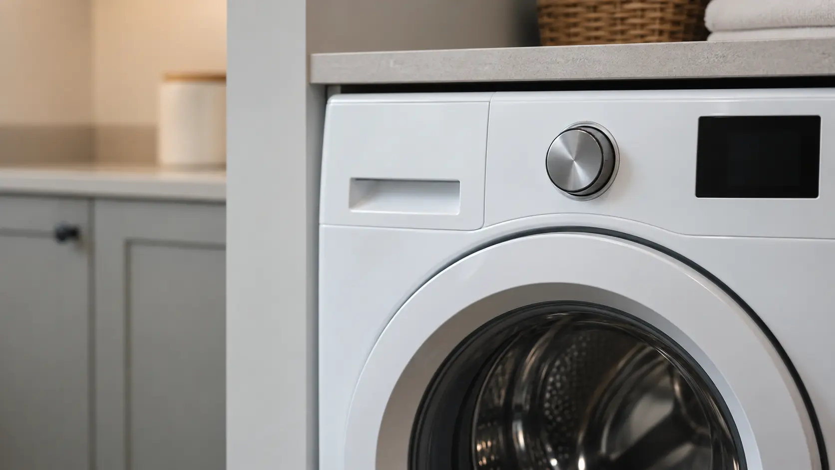 The cycle knob and small dark display of a washer seen close and square on.