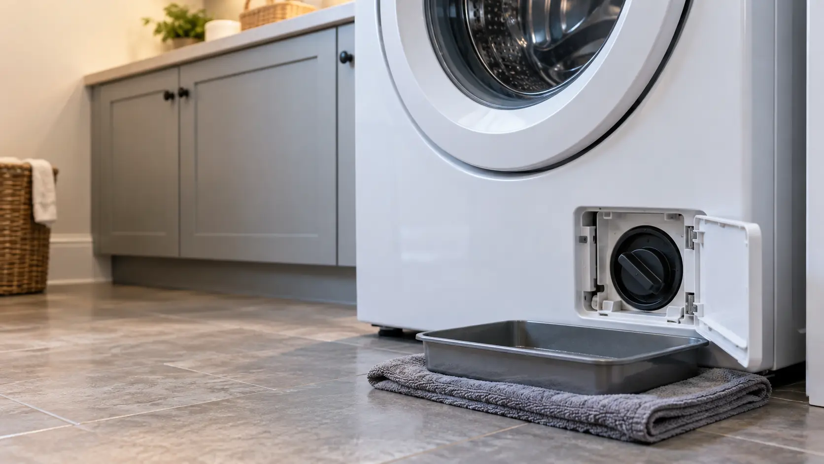 The lower front corner of a white front-load washer in a US laundry room, its small access door open and the round drain pump filter cap exposed above a shallow pan and a folded towel on the floor.