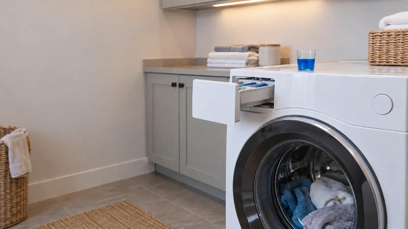 A white front-load washer in a US home laundry room with its detergent drawer pulled open and a measuring cap of blue liquid detergent resting on the lid.