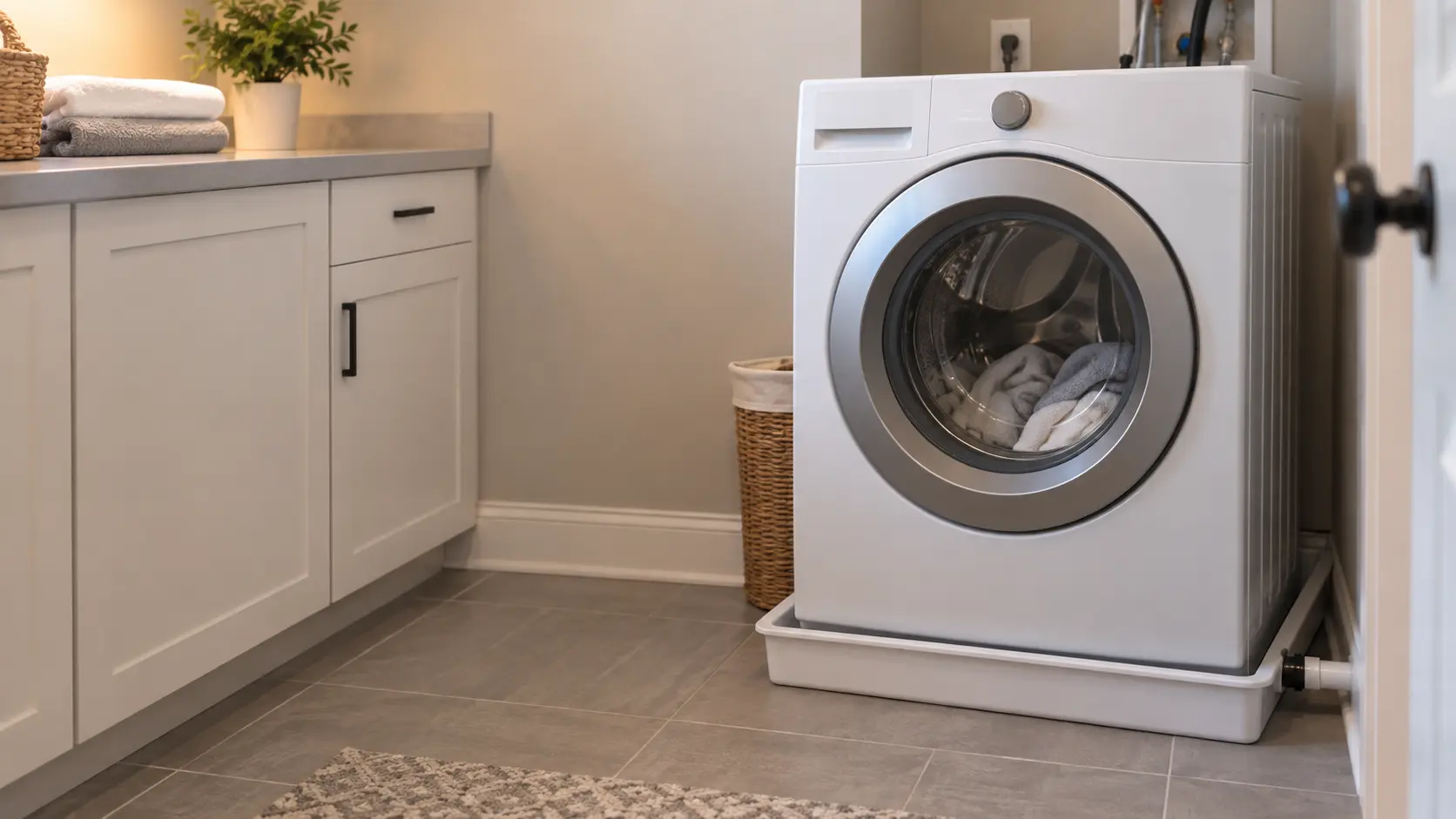 A front-load washer standing in a low white plastic drain pan in a second-floor US laundry closet, the pan's drain fitting visible at one side.