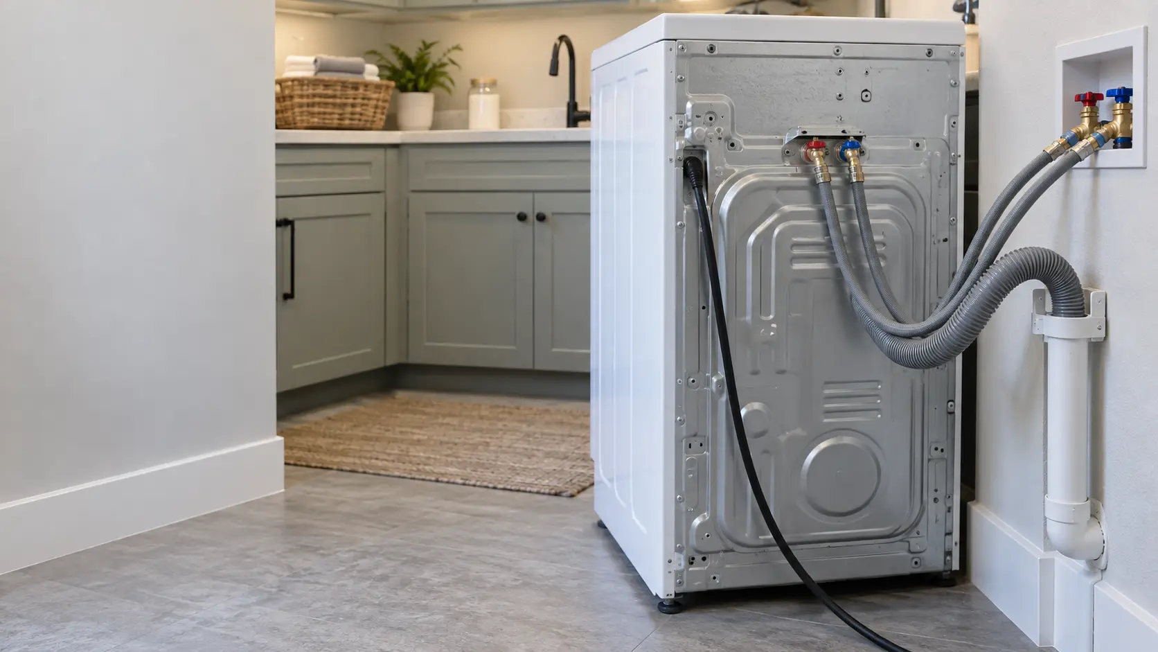 The back of a washer pulled out from the wall in a US laundry room, its curved gray drain hose hooked loosely into a white standpipe with a strap holding it in place.