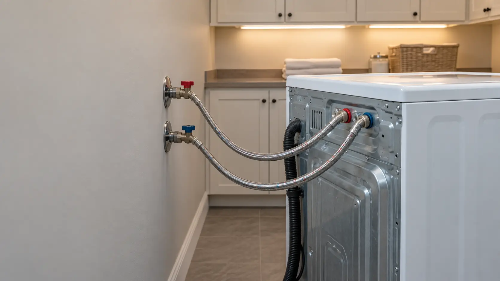 The back of a white washer pulled a little away from the wall in a US laundry room, two new braided fill hoses running from the hot and cold supply valves to the washer's inlet ports.