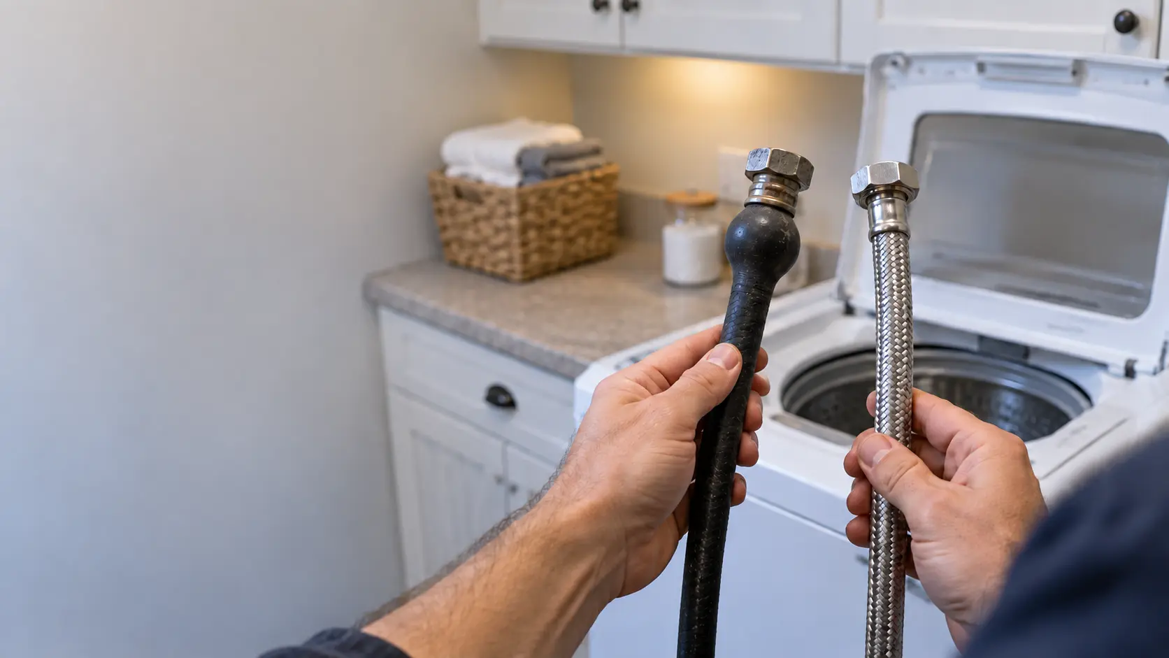 Close on an old rubber fill hose with a bulge near its fitting, held up beside a new braided steel hose.