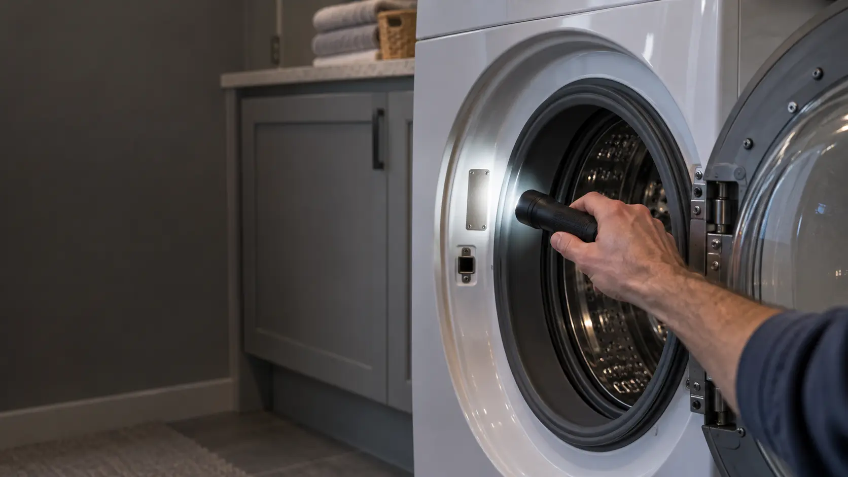 A hand holding a flashlight toward the rim of the open door of a front-load washer in a US laundry room, lighting a small blank silver tag on the frame beside the door boot.