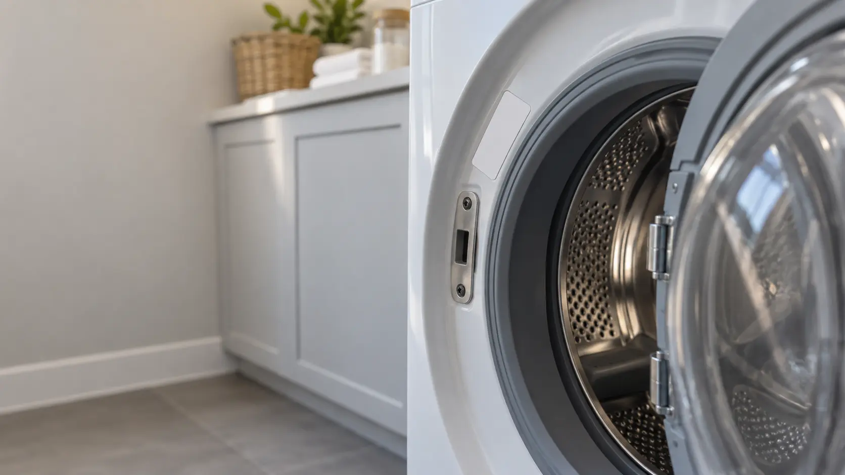 Close on a blank white rating sticker on the door frame of a front-load washer.
