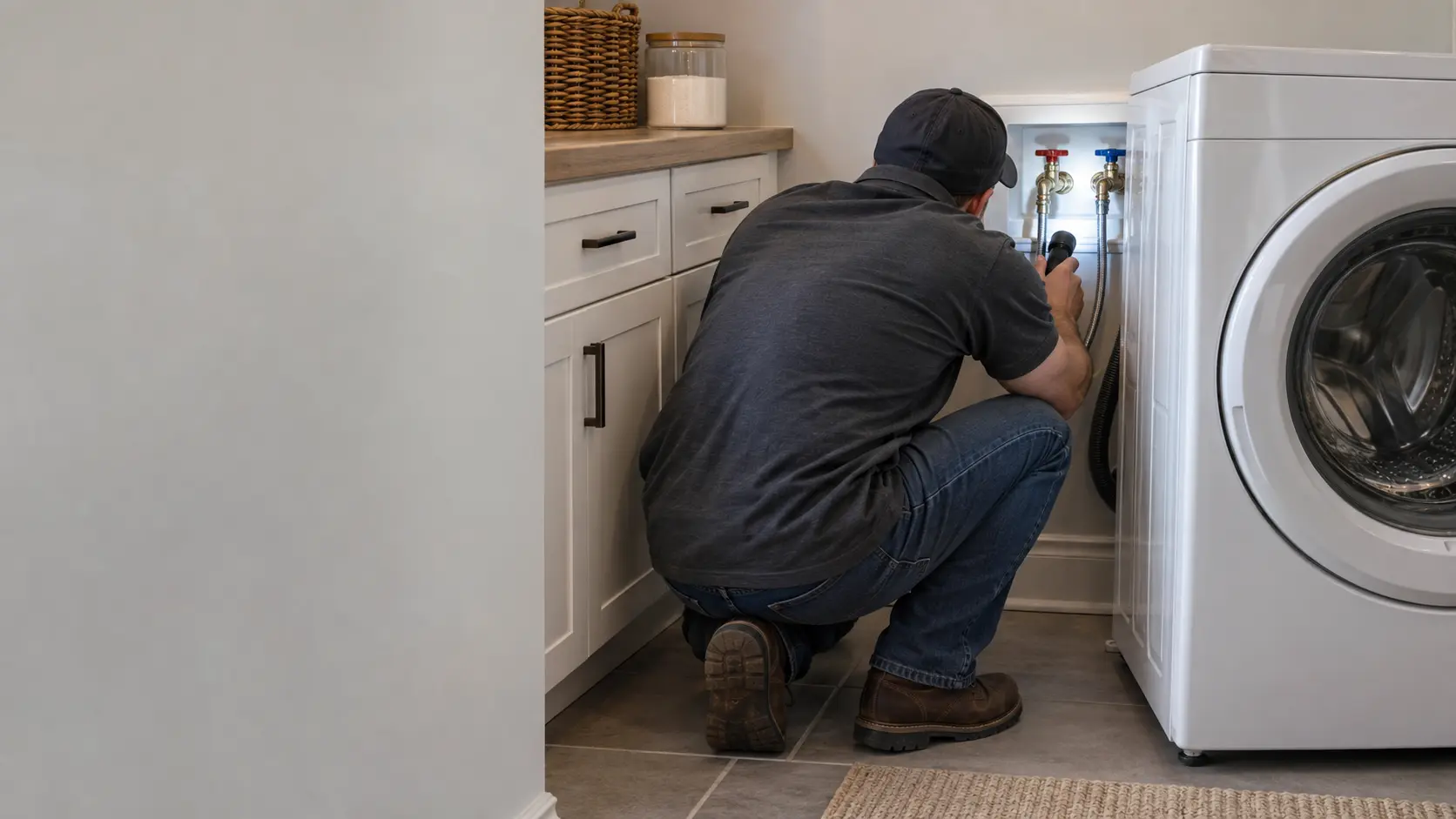 A person crouching behind a white front-load washer eased away from the wall in a US laundry room, a flashlight on the hot and cold supply valves and the braided fill hoses.