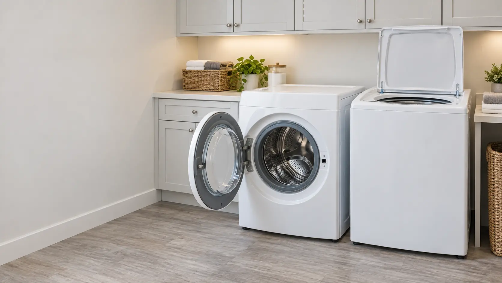 A white front-load washer and a white top-load washer standing side by side on a vinyl floor in a bright US home laundry room, the front door and the top lid both open.