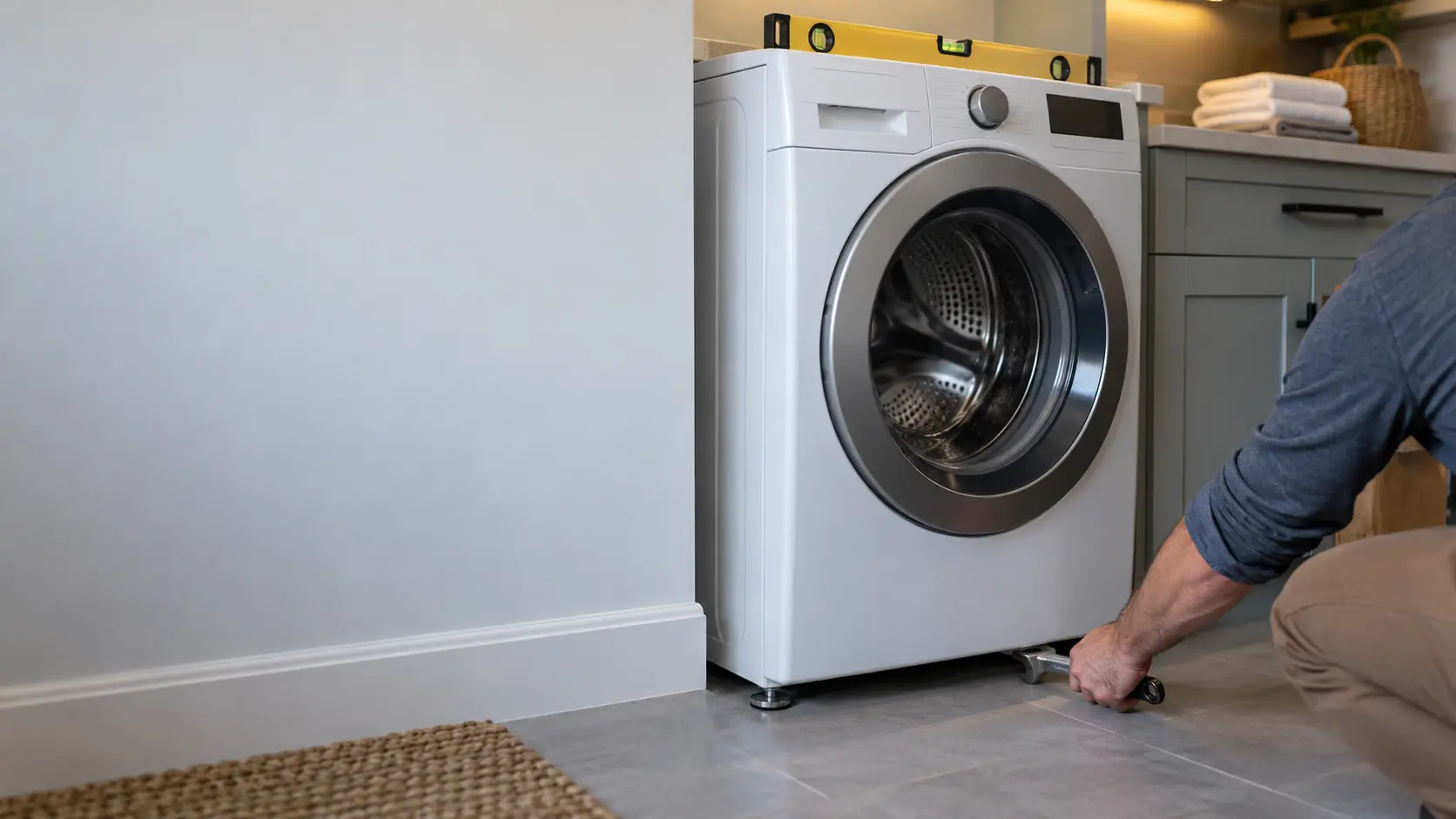 A front-load washer in a US laundry room with a spirit level lying across its top panel, a hand turning one of the front leveling feet with a wrench.