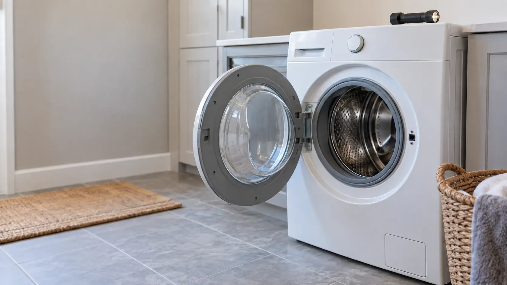 A white front-load washer with its round door open and a technician's flashlight resting on top, standing on a tiled floor in a bright US home laundry room.