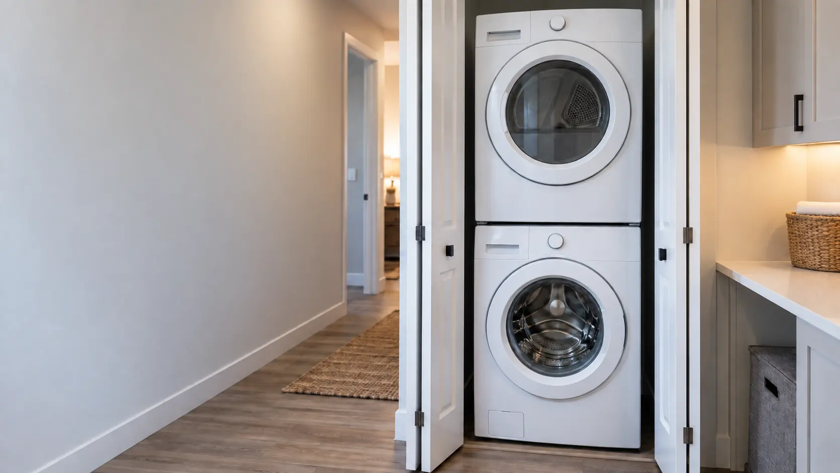 A white front-load washer with a matching dryer stacked on top of it inside a narrow laundry closet with bifold doors open, in a US apartment hallway.