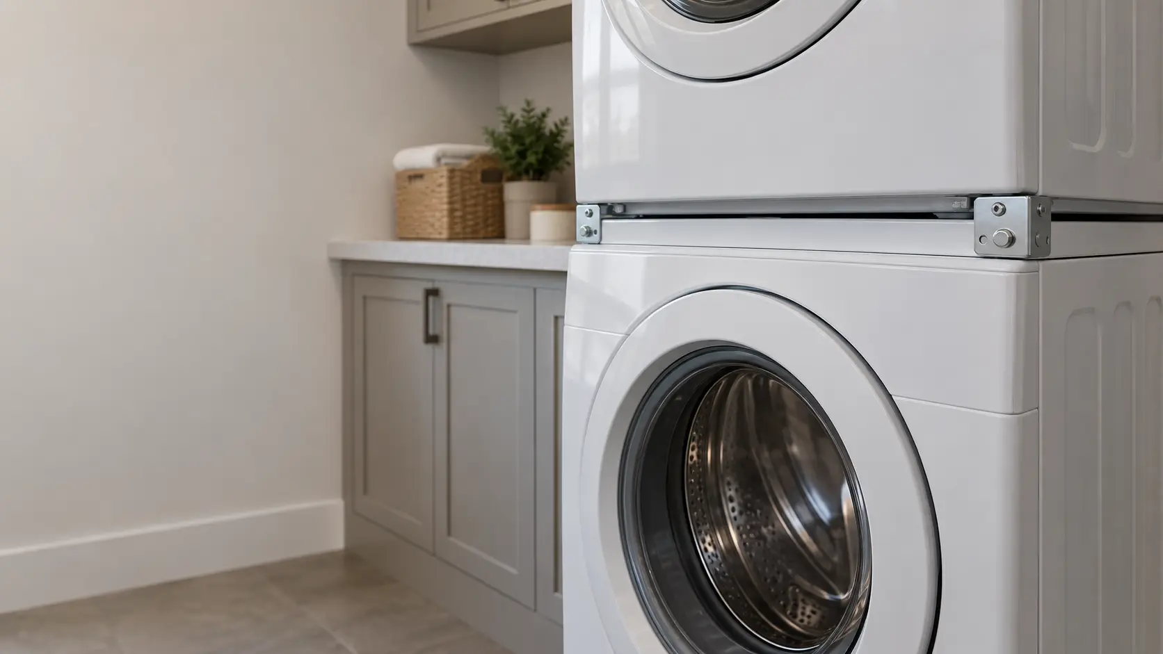 Close on the stacking kit bracket joining the top of a front-load washer to the dryer above it.