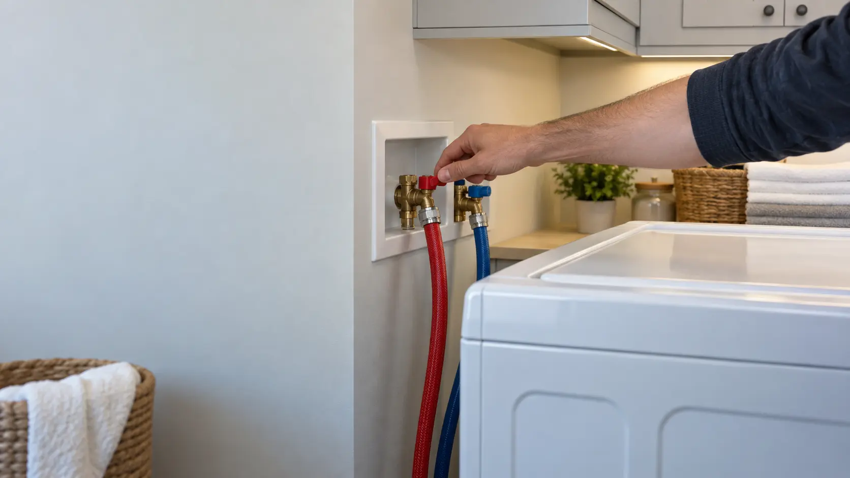 A hand turning the lever of a quarter-turn water valve on the wall behind a washer in a US laundry room, red and blue braided fill hoses running down from the hot and cold valves.