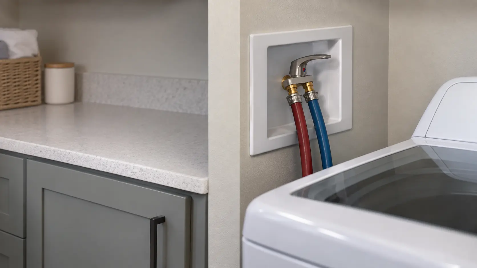 Close on a single-lever washer shutoff valve box set into the wall, both hoses attached.