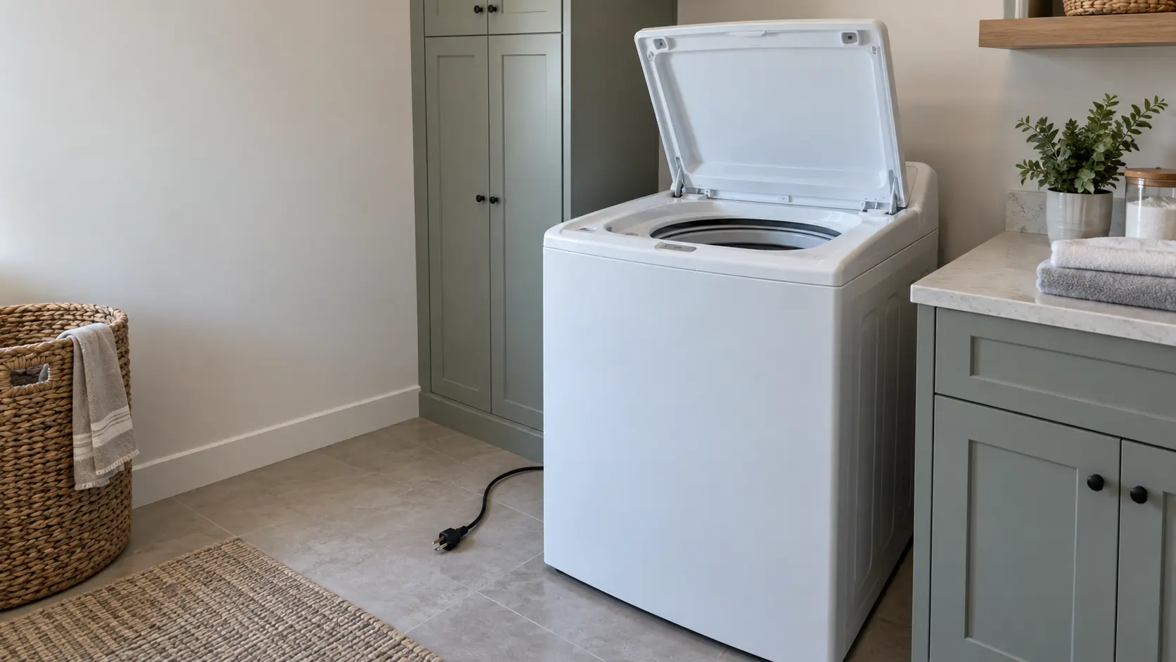 A top-load washer in a US laundry room with its lid open and its power cord unplugged and lying on the floor beside the cabinet.